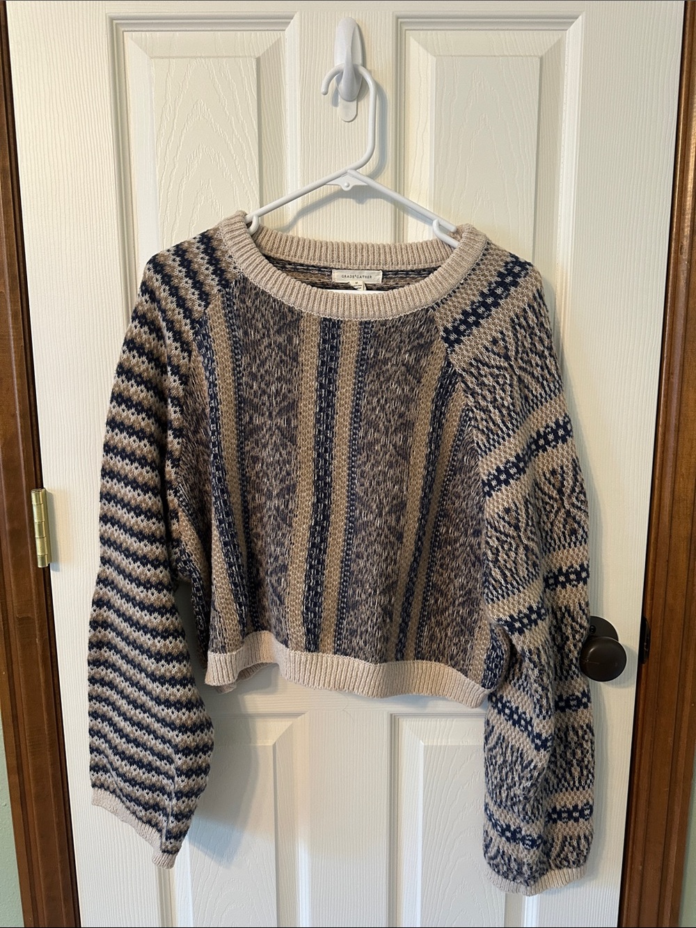 Striped & Fair Isle Cropped Crewneck Sweater - Beige & Navy